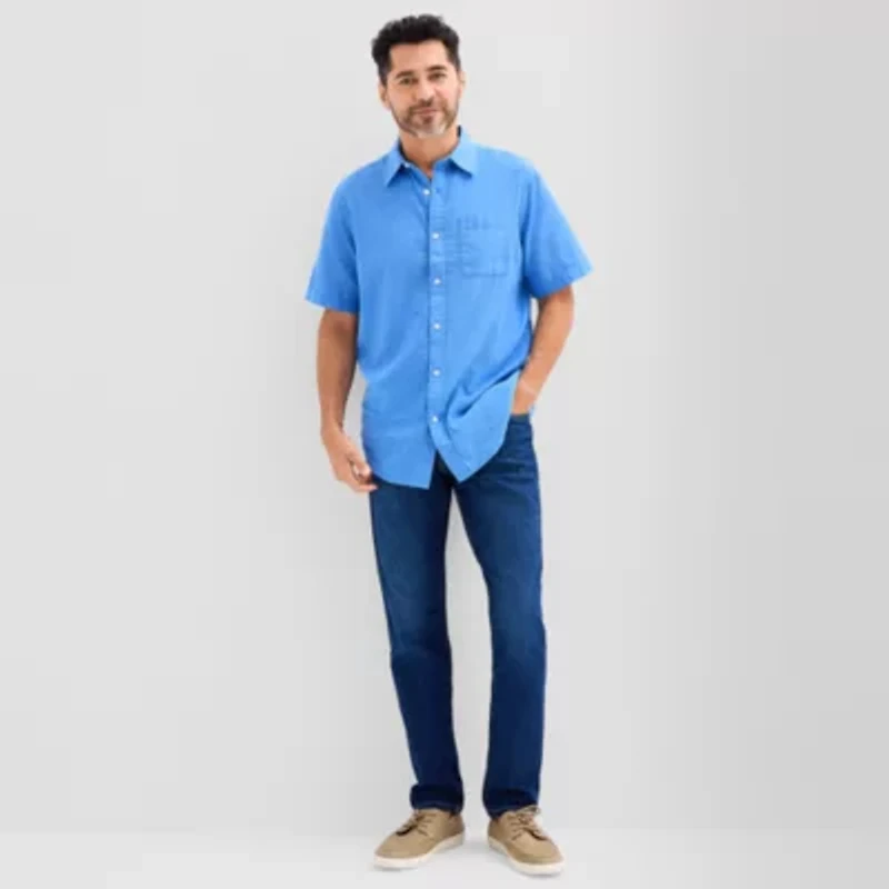 St. John's Bay Linen Blend Mens Short Sleeve Classic Fit Button-Down Shirt