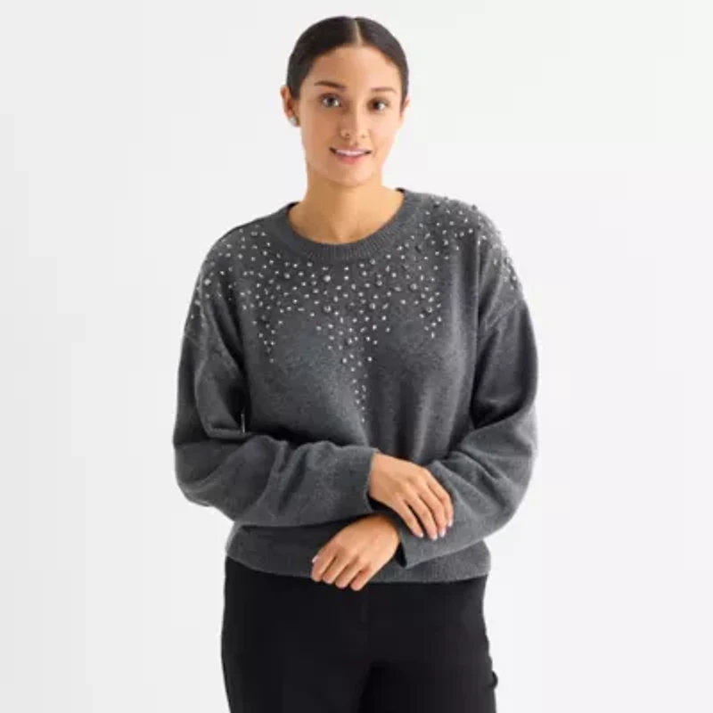 by&by Juniors Womens Crew Neck Long Sleeve Pullover Sweater
