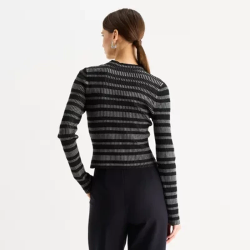 Worthington Womens Mock Neck Long Sleeve Striped Pullover Sweater