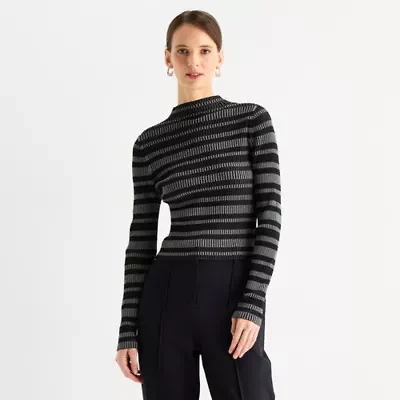 Worthington Womens Mock Neck Long Sleeve Striped Pullover Sweater