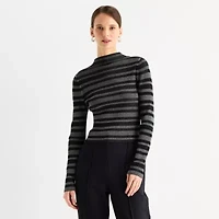 Worthington Womens Mock Neck Long Sleeve Striped Pullover Sweater