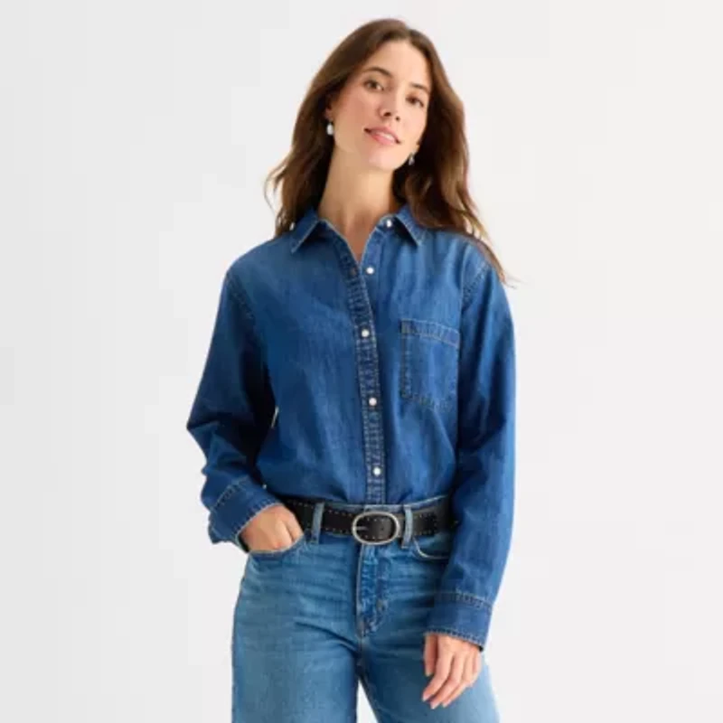 a.n.a Womens Long Sleeve Cuffed Regular Fit Button-Down Shirt