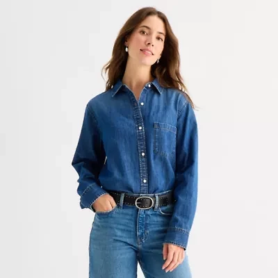 a.n.a Womens Long Sleeve Cuffed Regular Fit Button-Down Shirt