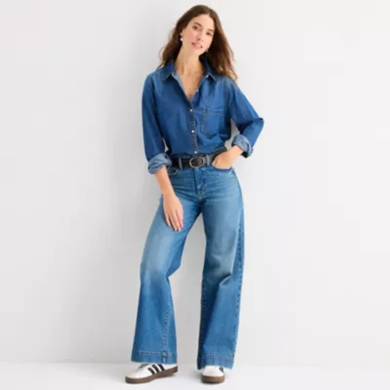 a.n.a Womens Long Sleeve Cuffed Regular Fit Button-Down Shirt