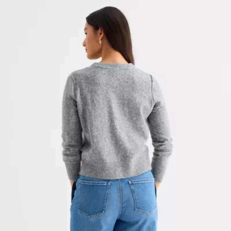 a.n.a Womens Crew Neck Long Sleeve Button Animal Cardigan
