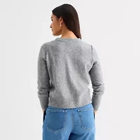 a.n.a Womens Crew Neck Long Sleeve Button Animal Cardigan