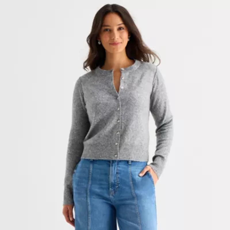 a.n.a Womens Crew Neck Long Sleeve Button Animal Cardigan