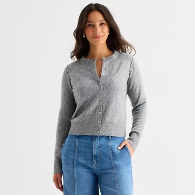 a.n.a Womens Crew Neck Long Sleeve Button Animal Cardigan