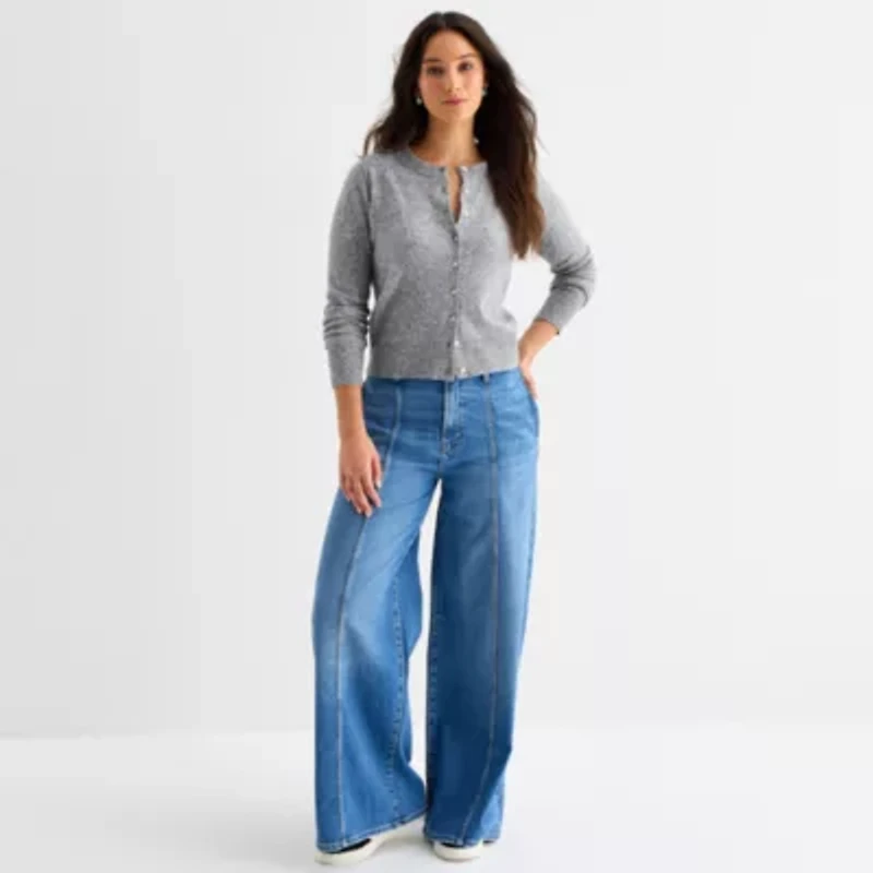 a.n.a Womens Crew Neck Long Sleeve Button Animal Cardigan