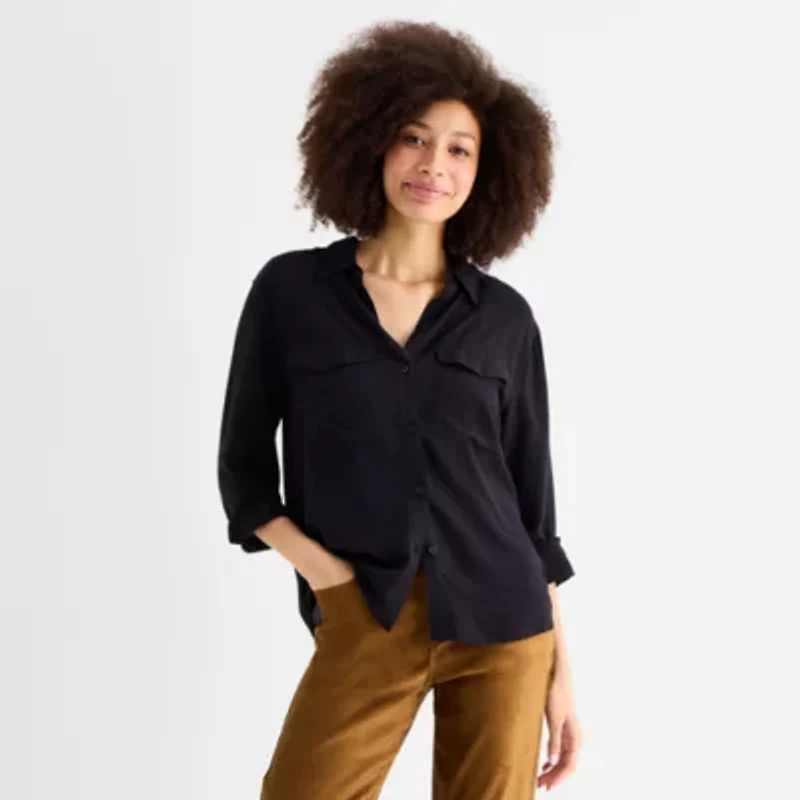 a.n.a Womens Long Sleeve Cuffed Regular Fit Button-Down Shirt