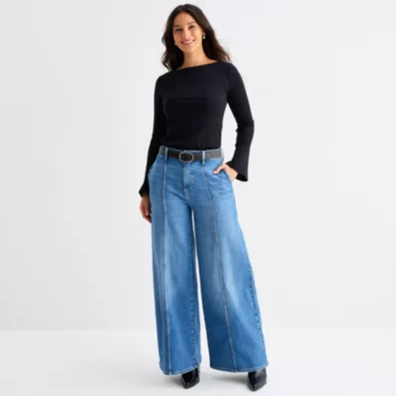 a.n.a Womens Boat Neck Long Sleeve T-Shirt