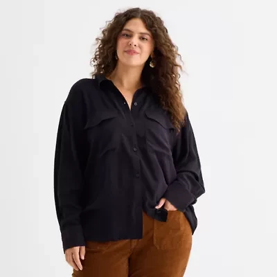 a.n.a Womens Long Sleeve Cuffed Regular Fit Plus Button-Down Shirt