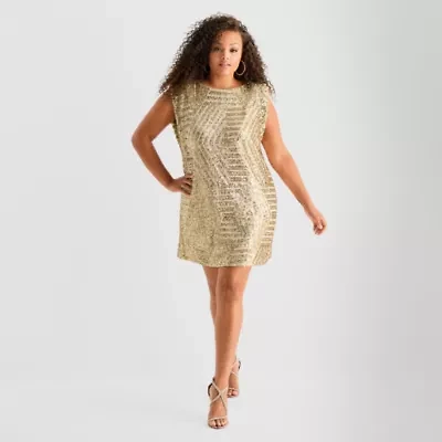 Bob Mackie Womens Plus Sleeveless Sequin A-Line Dress