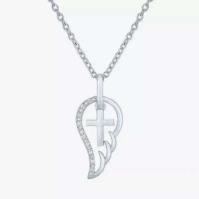 Diamond Accent Womens Diamond Accent Natural White Diamond Sterling Silver Angel Cross Wing 18 Inch Pendant Necklace
