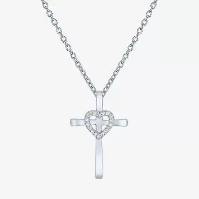 Faith" Womens Accent Natural Diamond Sterling SIlver Cross Pendant Necklace"