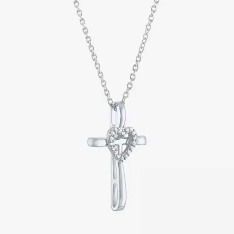 Faith" Womens Accent Natural Diamond Sterling SIlver Cross Pendant Necklace"