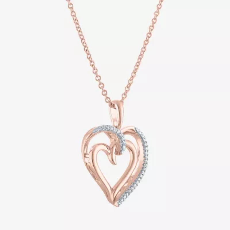 Diamond Accent "To The Moon & Back" Womens Diamond Accent Natural White Diamond 14K Rose Gold Over Silver Heart 16 Inch Pendant Necklace