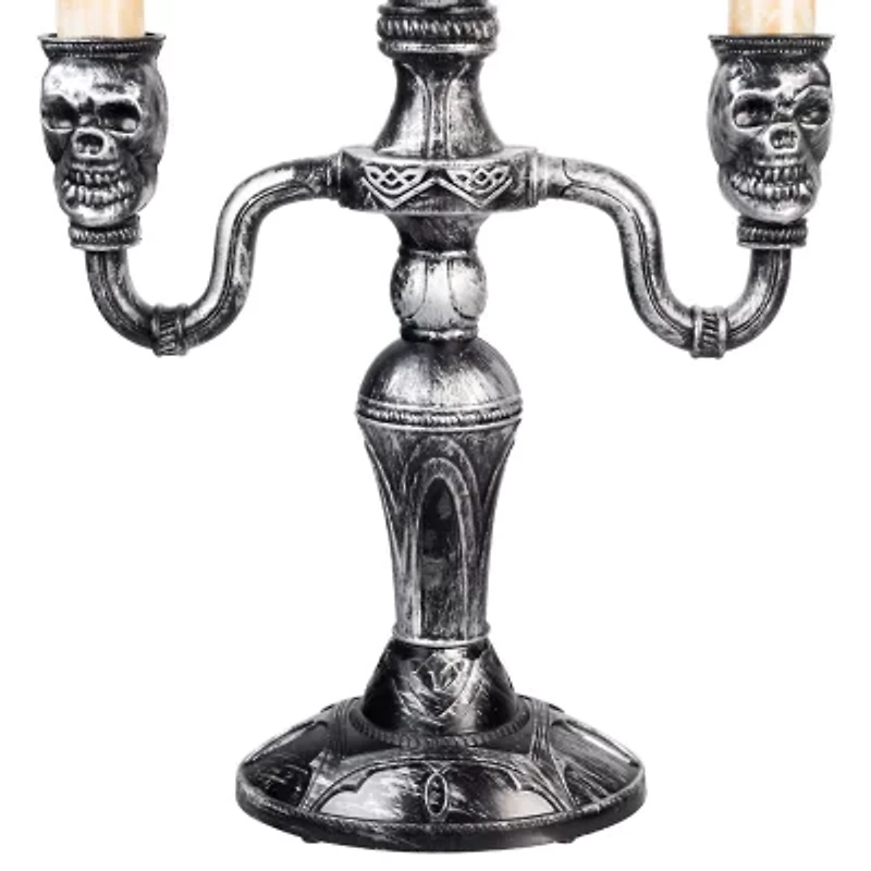 13.75'' Antique Silver Skull Trio Halloween Candelabra