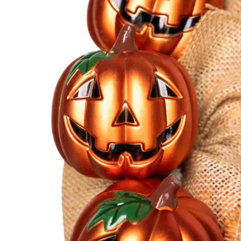 Jack-O-Lantern and Burlap Ribbon Halloween Wreath  20-Inch  Unlit