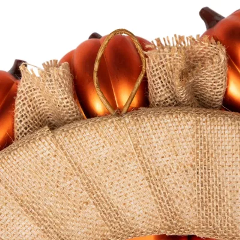 Jack-O-Lantern and Burlap Ribbon Halloween Wreath  20-Inch  Unlit