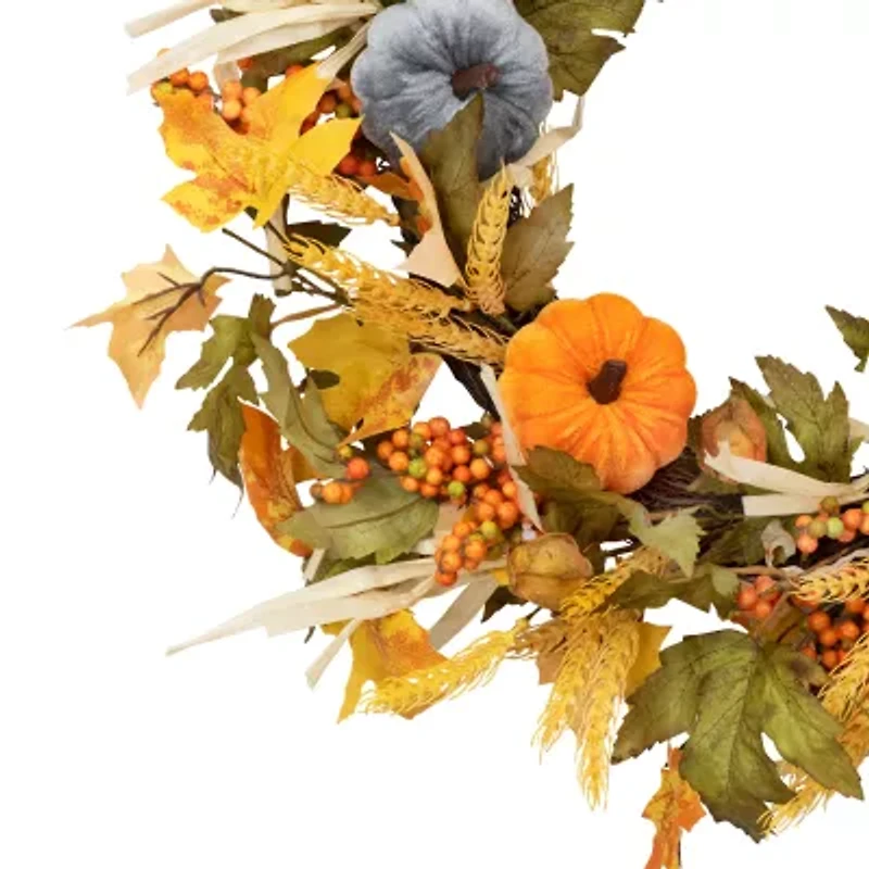 Northlight Velvet Pumpkins And Wheat Artificial Fall Harvest 24-Inch Unlit Wreath