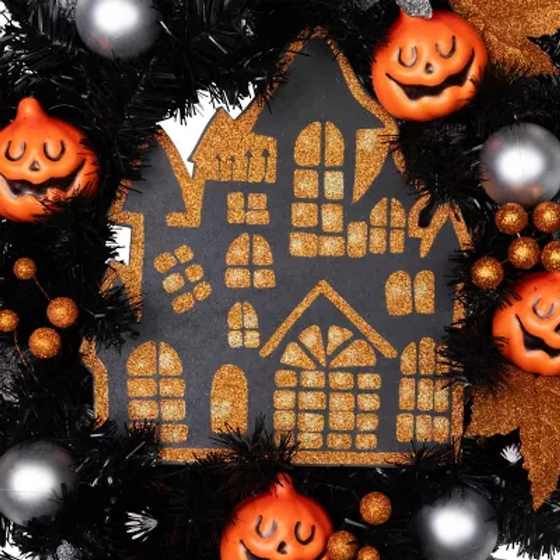 Northlight 24in Orange And Black Haunted House Wreath