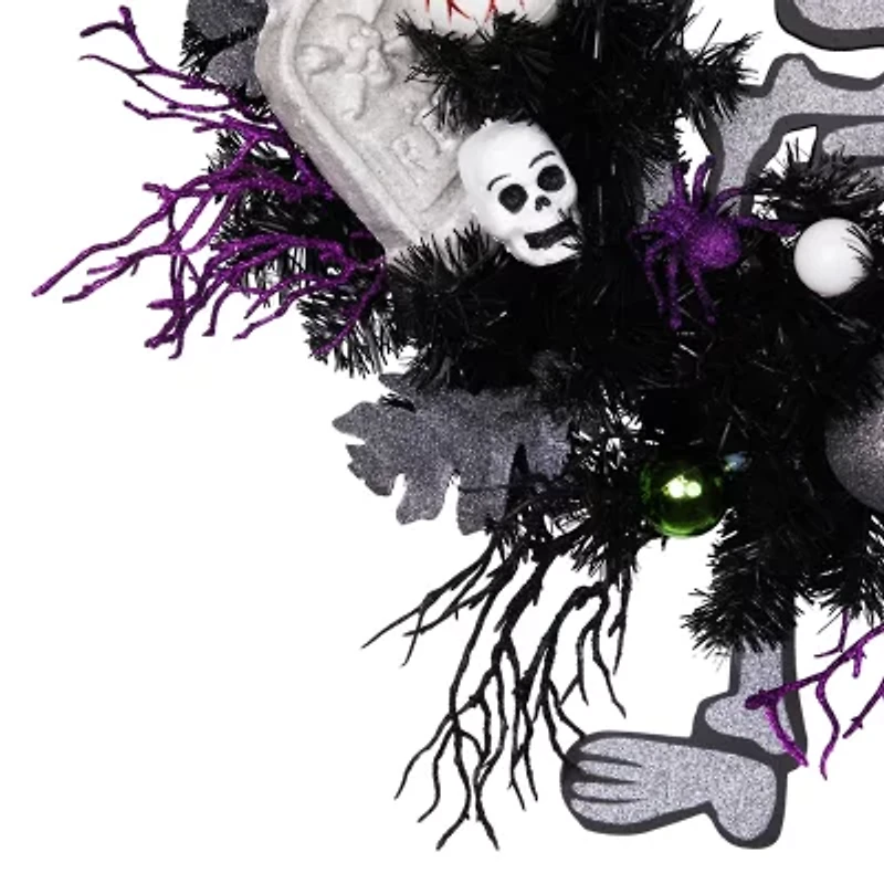 Northlight 24in Purple And Black Skeleton Pine Wreath