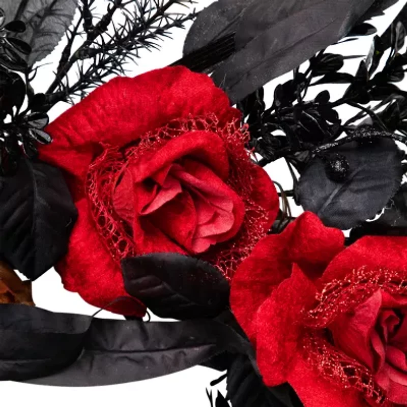Northlight 22in Red And Gold Roses Black Foliage Wreath