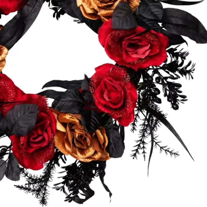 Northlight 22in Red And Gold Roses Black Foliage Wreath