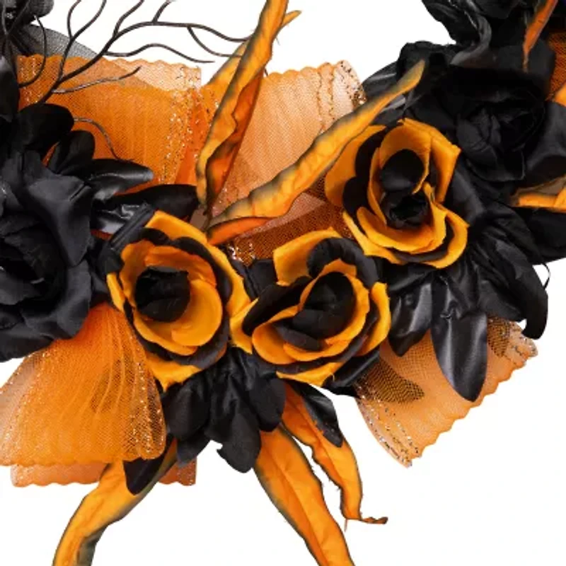 Northlight 14in Skull With Black And Orange Roses Wreath