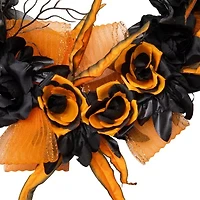Northlight 14in Skull With Black And Orange Roses Wreath