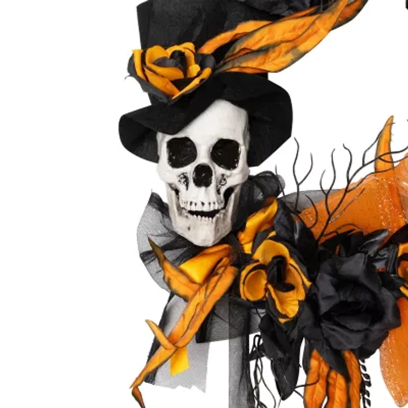 Northlight 14in Skull With Black And Orange Roses Wreath