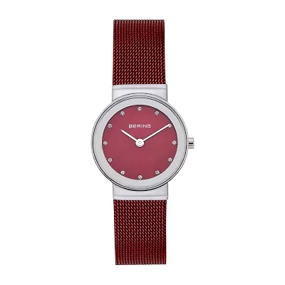 Bering Womens Crystal Accent Red Stainless Steel Bracelet Watch 10126-303