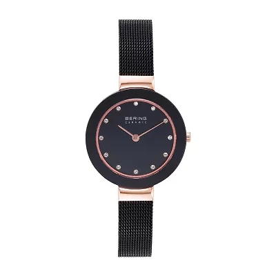 Bering Womens Crystal Accent Black Stainless Steel Bracelet Watch 11429-166
