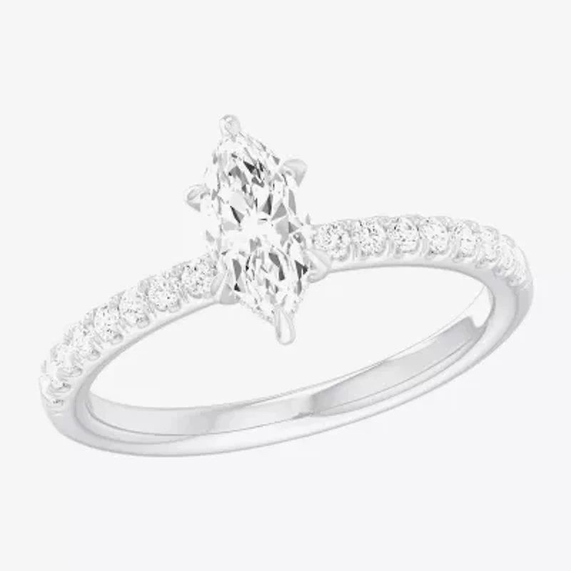 (G-H /  Si1-Si2) Womens 1 CT. T.W. Lab Grown White Diamond 10K Gold Marquise Side Stone Engagement Ring