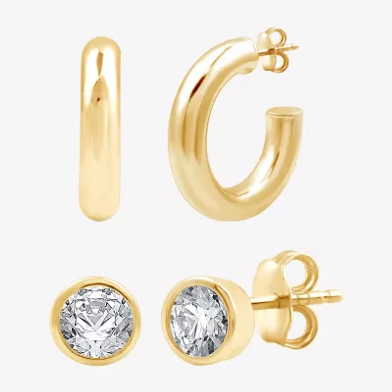 Yes, Please! Womens Lab Created White Sapphire 14K Gold Over Silver Sterling Silver Round 2 Pair Earring Set