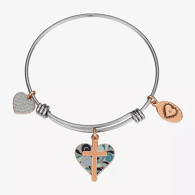Footnotes Faith Womens Cubic Zirconia Stainless Steel Cross Heart Bangle Bracelet