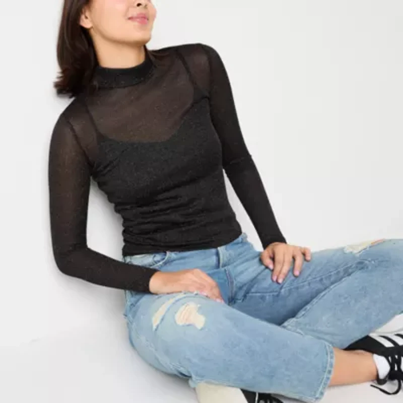 Arizona Build Cami Womens Mock Neck Long Sleeve Juniors T-Shirt