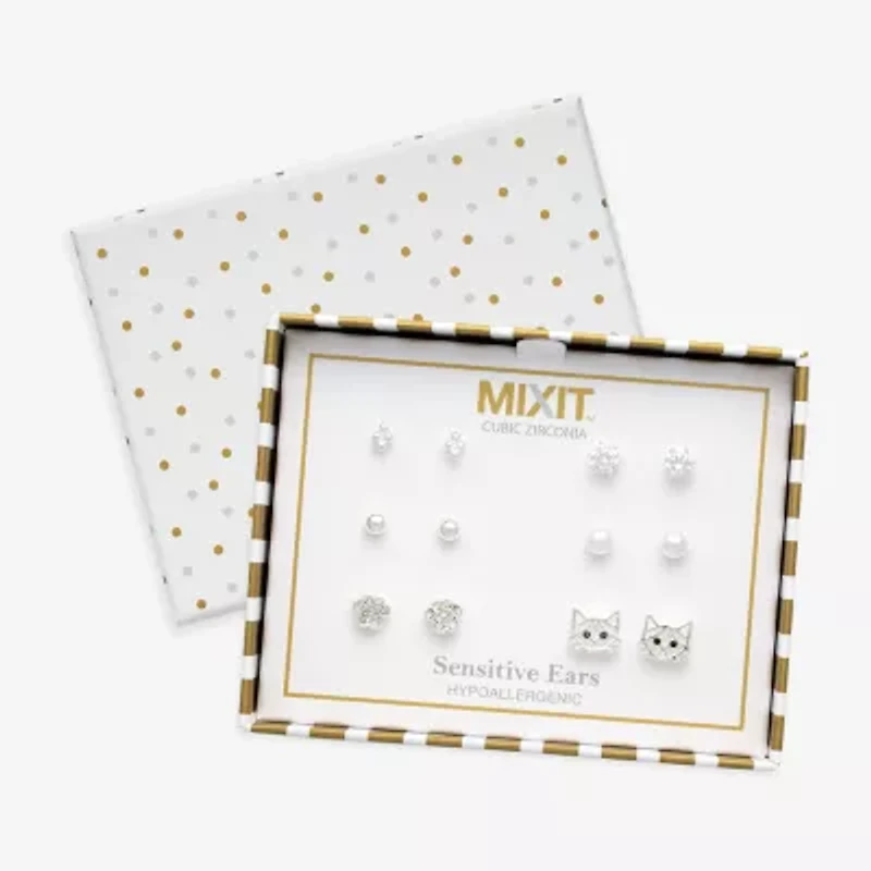 Mixit Womens Cubic Zirconia Stainless Steel Hypoallergenic 6 Pair Earring Set