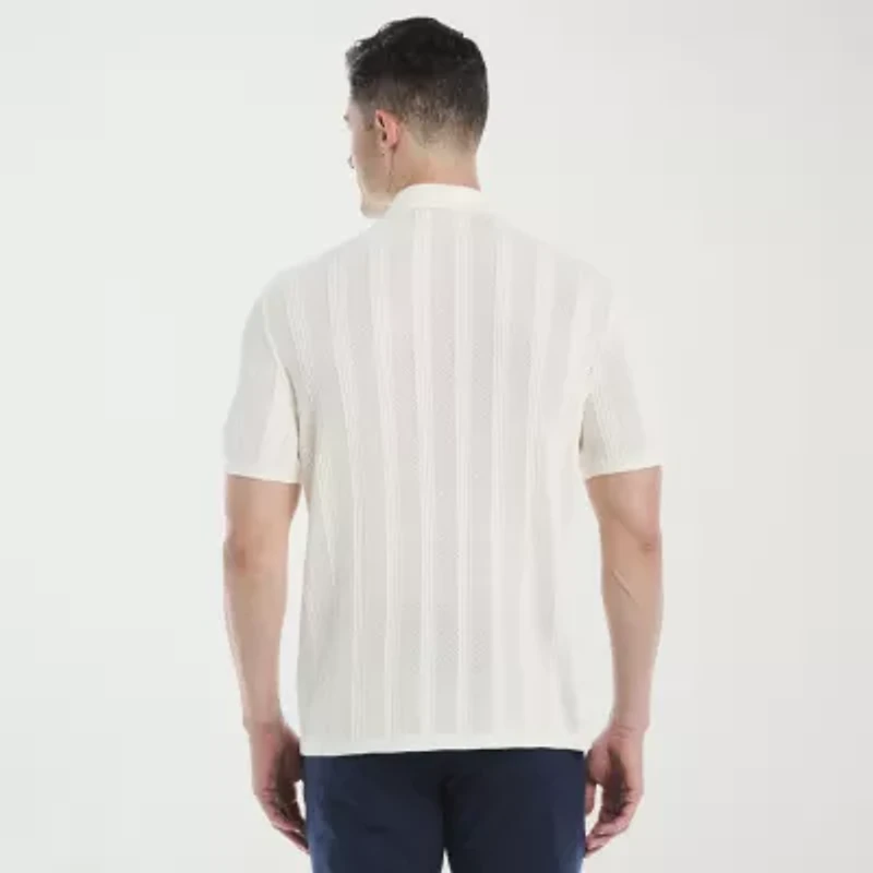 Cubavera Mesh Stripe Coatfront Sweater Mens Short Sleeve Button Cardigan