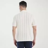 Cubavera Mesh Stripe Coatfront Sweater Mens Short Sleeve Button Cardigan