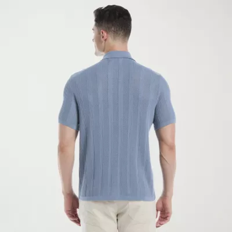 Cubavera Mesh Stripe Mens Short Sleeve Button Cardigan