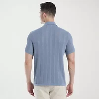 Cubavera Mesh Stripe Mens Short Sleeve Button Cardigan
