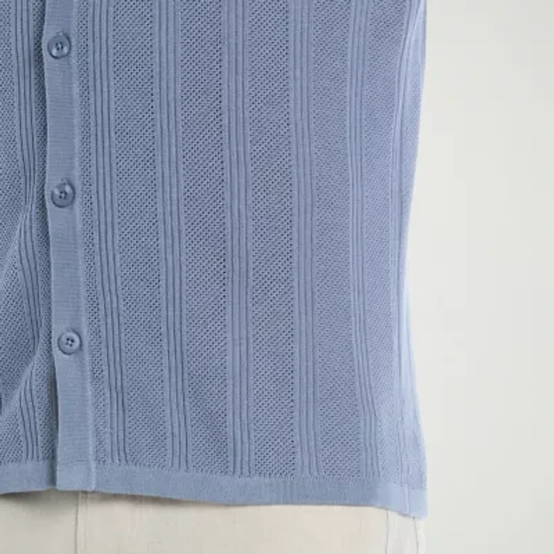 Cubavera Mesh Stripe Mens Short Sleeve Button Cardigan