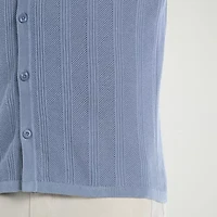 Cubavera Mesh Stripe Mens Short Sleeve Button Cardigan