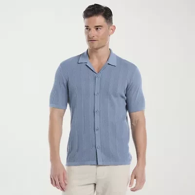 Cubavera Mesh Stripe Mens Short Sleeve Button Cardigan