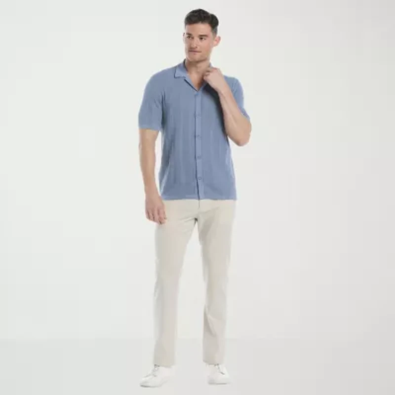 Cubavera Mesh Stripe Mens Short Sleeve Button Cardigan
