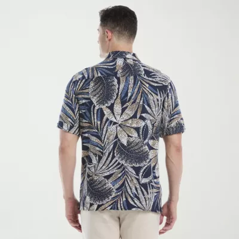 Cubavera Pointillism Tropical Print Mens Short Sleeve Regular Fit Button-Down Shirt