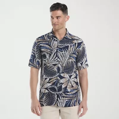 Cubavera Pointillism Tropical Print Mens Short Sleeve Regular Fit Button-Down Shirt