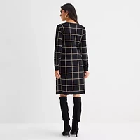 Studio 1 Womens Long Sleeve Windowpane Midi Faux-Jacket Sweater Dress